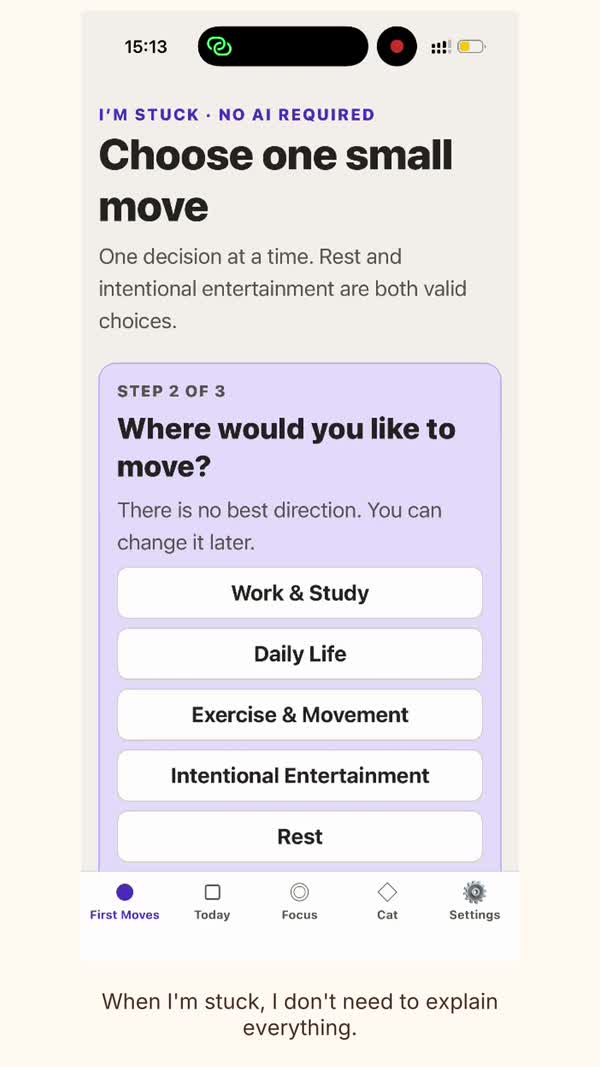 First Move iOS app showing the three-step flow for choosing a small action